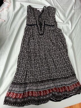 American Eagle Outfitters Black Maxi Dress with White Floral and Red Border